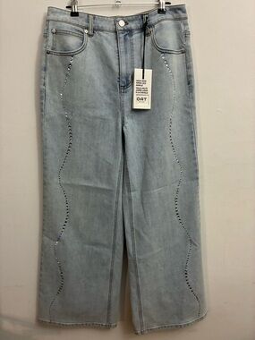Oat New York Light Blue High-Rise Wide Leg Jeans with Crystal Wave Detail